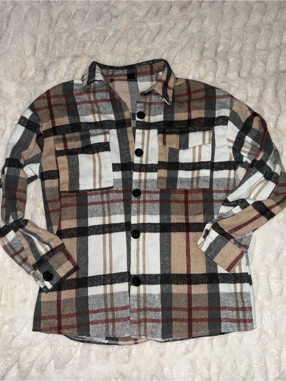 SHEIN Plaid Button-Up Shacket in White, Tan & Black with Red Accents